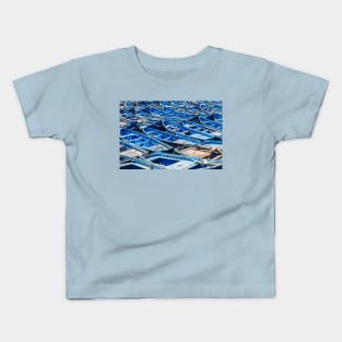 Blue fishing boats harbour Kids T-Shirt